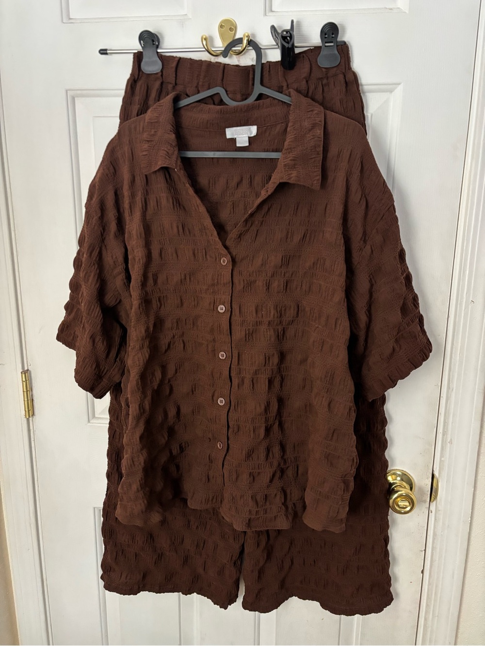 Nordstrom Brown Crinkle-Textured Button-Down Shirt and wide leg pants set